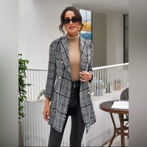 SHEIN Essnce Double Button Plaid Tweed Coat